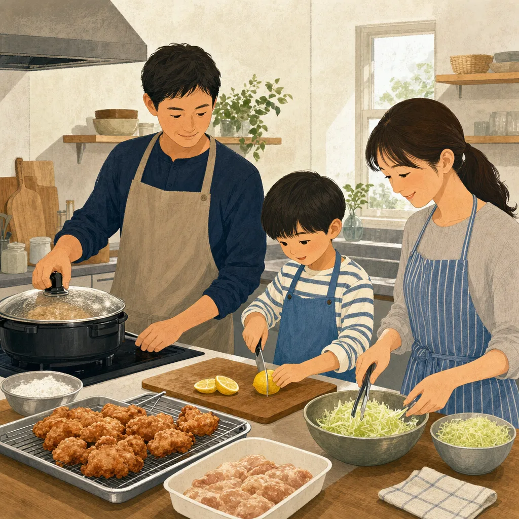 唐揚げを作る日本人家族（編集記事向け）。唐揚げ、家庭料理、親子料理、食卓の記事向け素材です。