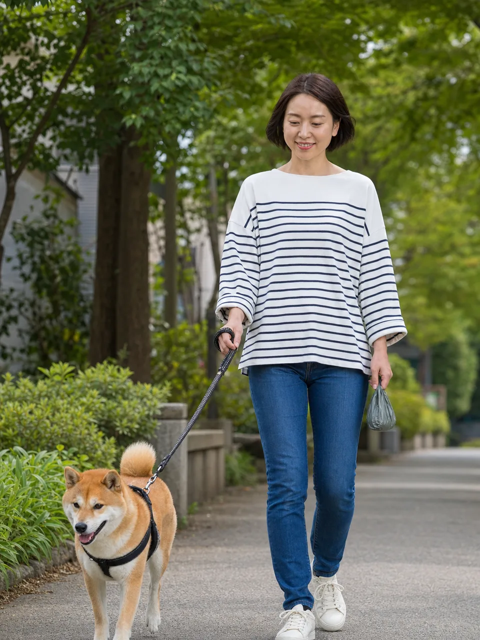 柴犬と散歩する日本人（自然な縦位置写真）。柴犬、犬の散歩、ペットとの暮らし、日常の記事向け素材です。