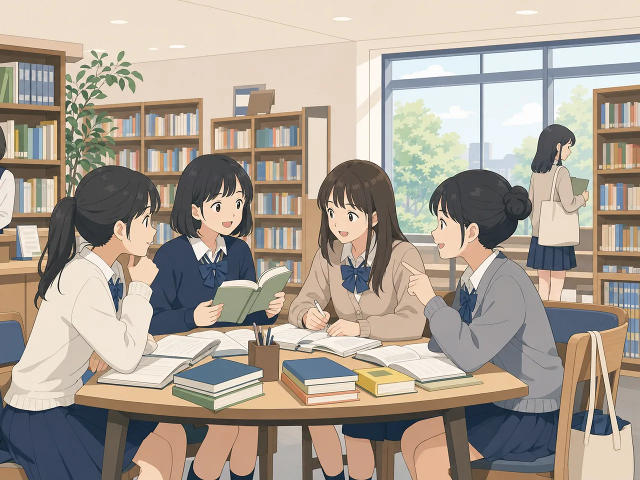 放課後を過ごす日本人女子高校生（フラットイラスト）。女子高校生、放課後、友達、青春の記事向け素材です。