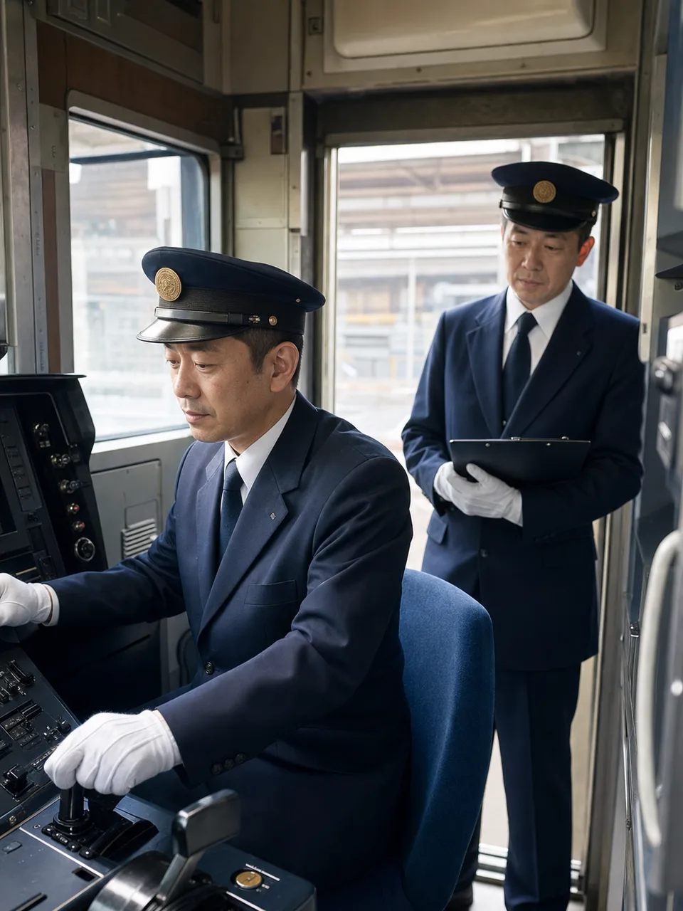 運行前点検をする日本人電車運転士（自然な縦位置写真）。電車運転士、鉄道、安全運行、公共交通の記事に使える素材です。