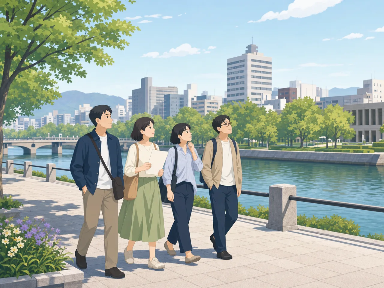広島の水辺を歩く日本人旅行者（フラットイラスト）。広島、平和学習、国内旅行、水辺の街の記事向け素材です。