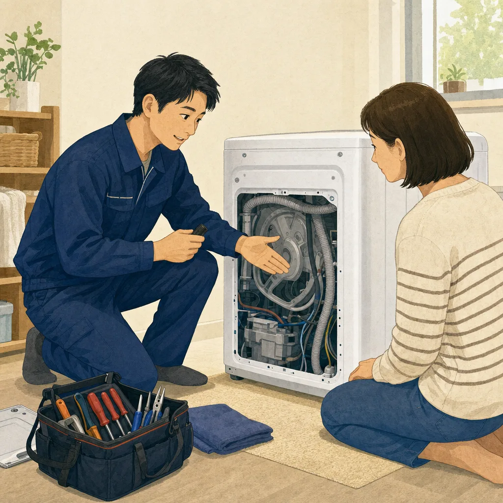 家電を点検する日本人修理技術者（編集記事向け）。家電修理、修理技術者、メンテナンス、暮らしの記事向け素材です。