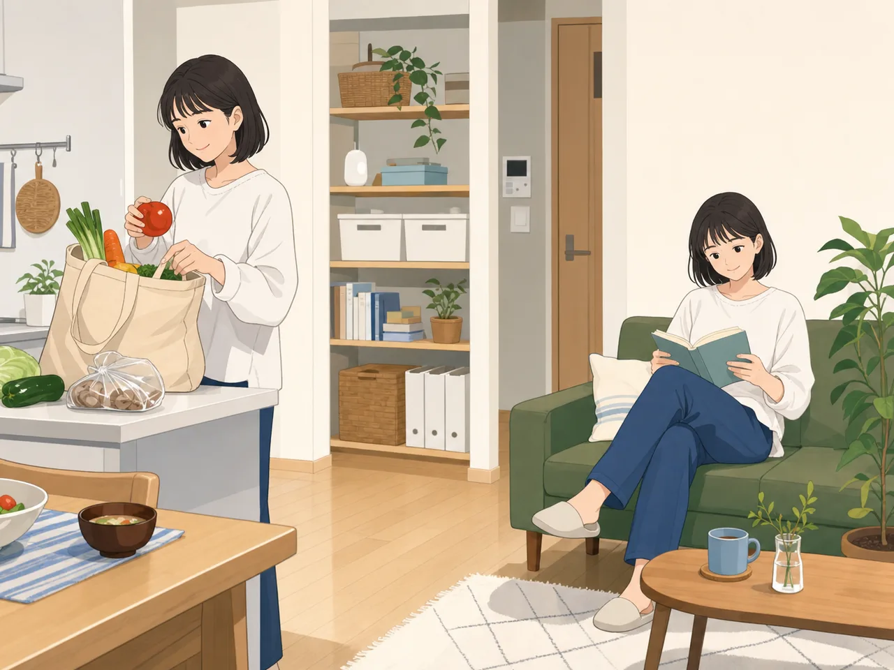 一人暮らしをする日本人女性（フラットイラスト）。一人暮らしの女性、家事、リラックス、暮らしの記事向け素材です。