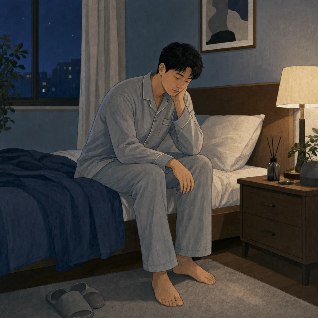 眠れない夜を過ごす日本人（編集記事向け）。睡眠改善、ストレスケア、寝具、健康サービスの記事に使える素材です。