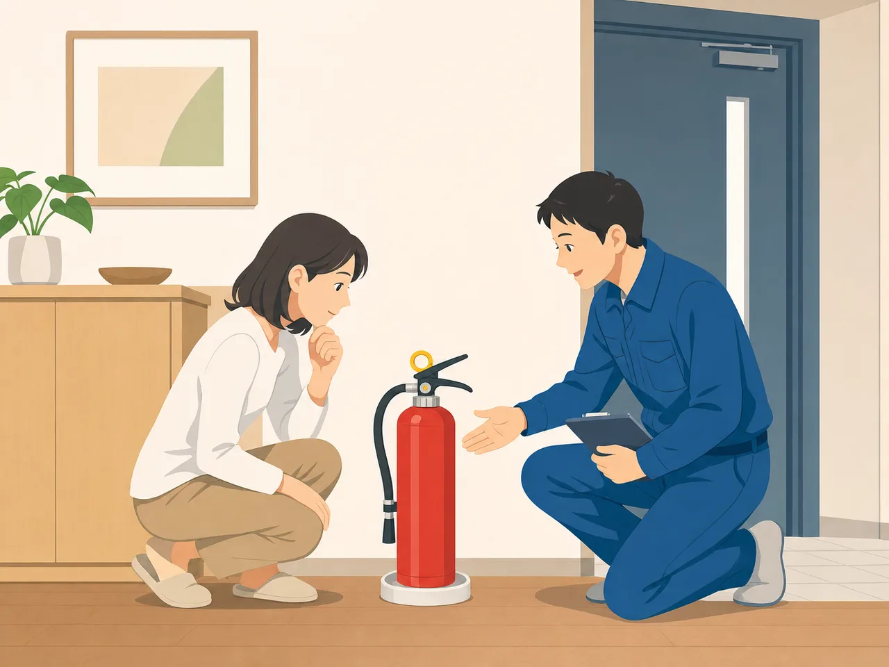 家庭用消火器を確認する日本人（フラットイラスト）。家庭用消火器、防火、住宅防災、火災予防の記事や案内に使える商用素材です。