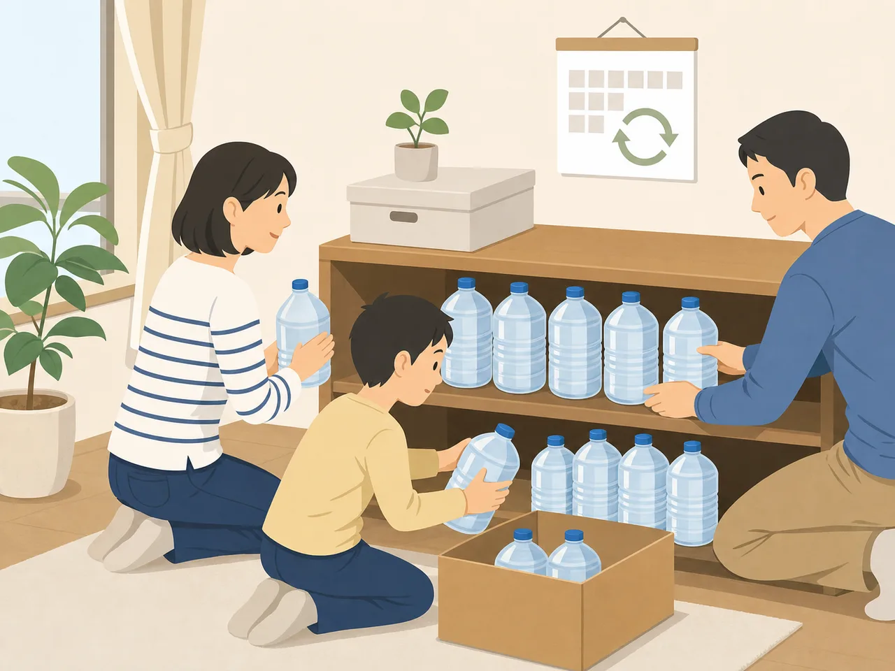 家庭の備蓄水を管理する日本人（フラットイラスト）。備蓄水、家庭備蓄、防災、ローリングストックの記事や案内に使える商用素材です。