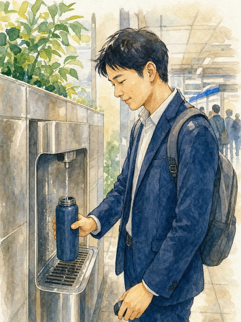 マイボトルを持ち歩く日本人（手描き水彩）。マイボトル、水分補給、環境配慮、日常の記事向け素材です。
