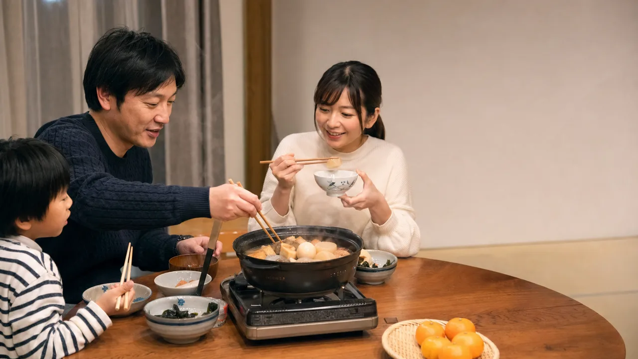 おでんを囲む日本人家族（横長・コピースペース）。おでん、冬の食卓、鍋料理、家族の記事向け素材です。