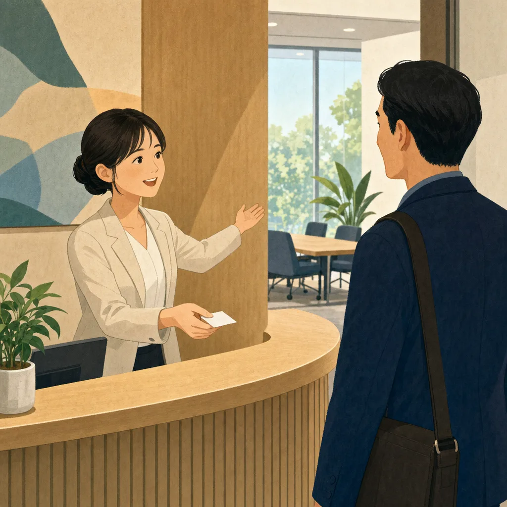 オフィスで案内する日本人受付スタッフ（編集記事向け）。受付、来客対応、オフィス、接客研修の記事向け素材です。