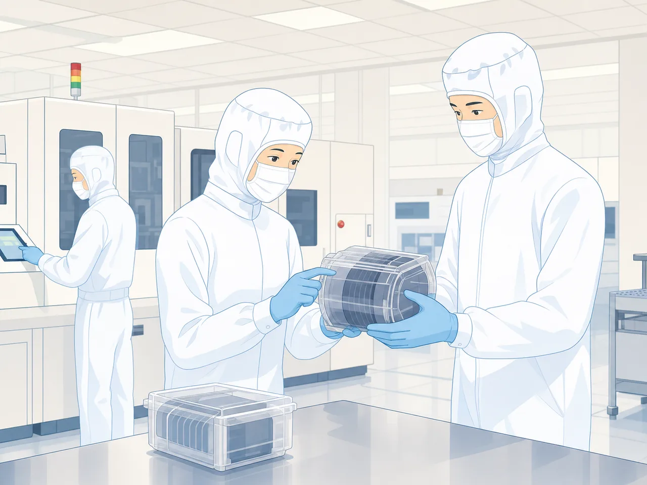 半導体工場で働く日本人技術者（フラットイラスト）。半導体工場、製造技術、クリーンルーム、産業の記事向け素材です。