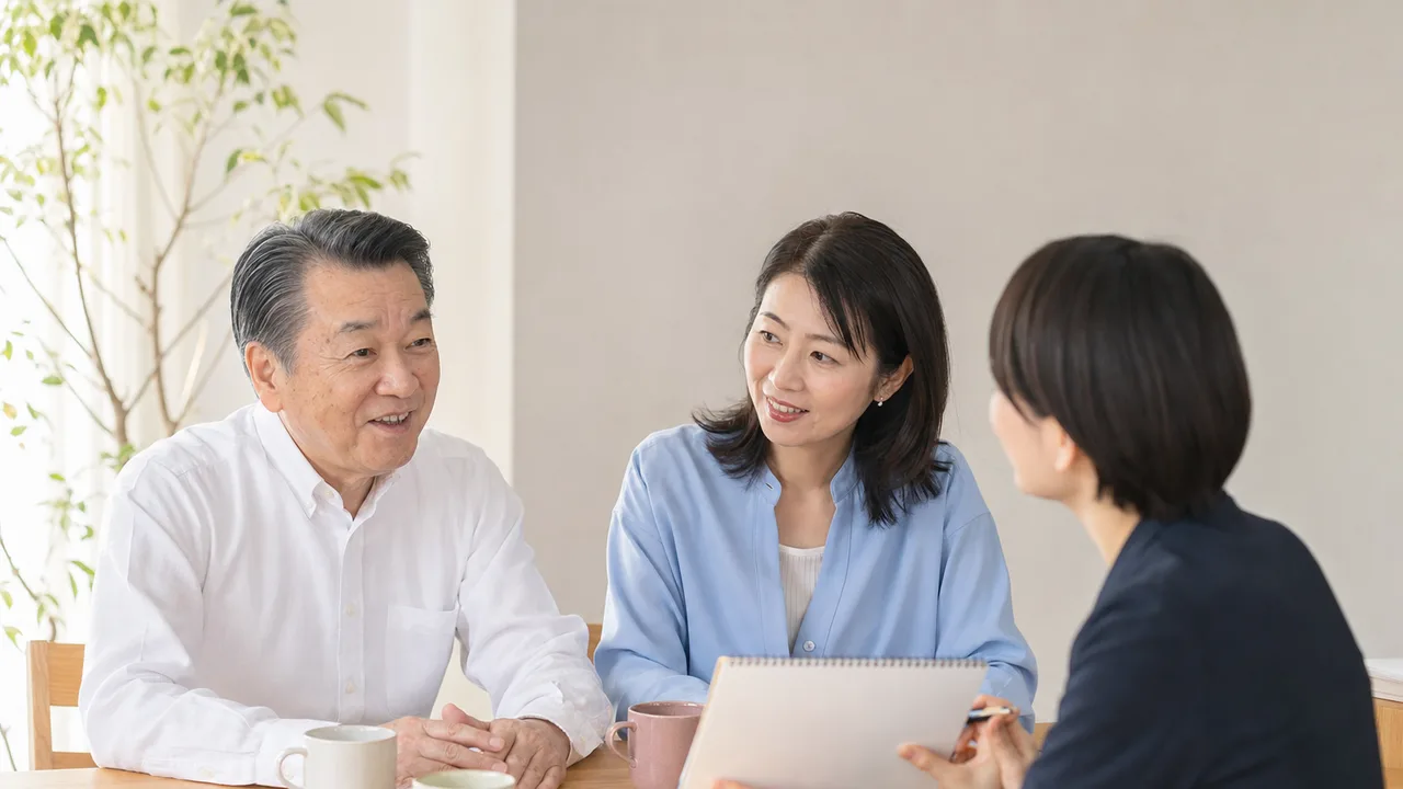 在宅介護を調整する日本人ケアマネジャー（横長・コピースペース）。ケアマネジャー、介護相談、在宅介護、家族支援の記事向け素材です。