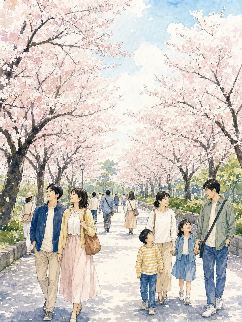 桜並木を歩く日本人（手描き水彩）。桜並木、春、散歩、日本の季節の記事向け素材です。