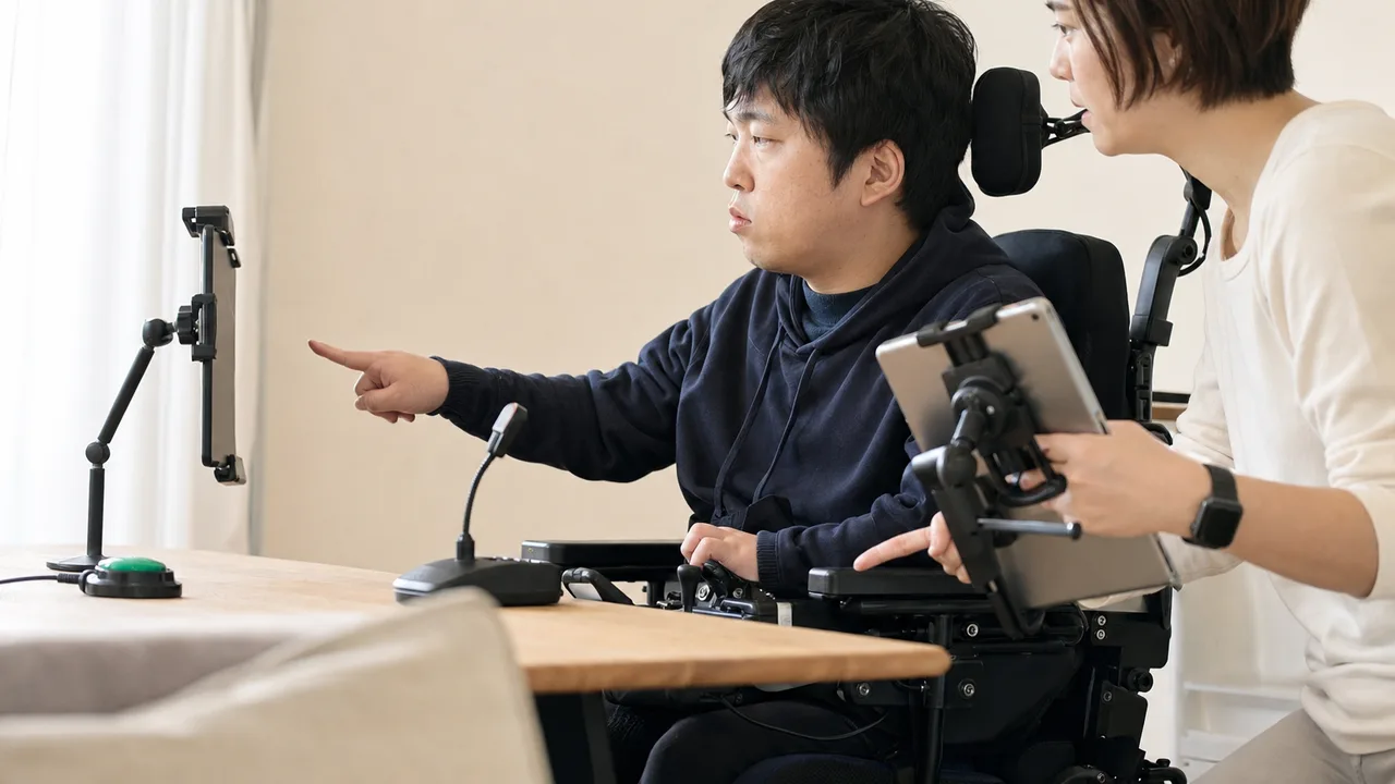 支援技術を自分に合わせて使う日本人（横長・コピースペース）。支援技術、アクセシビリティ、福祉機器、デジタル活用の記事向け素材です。