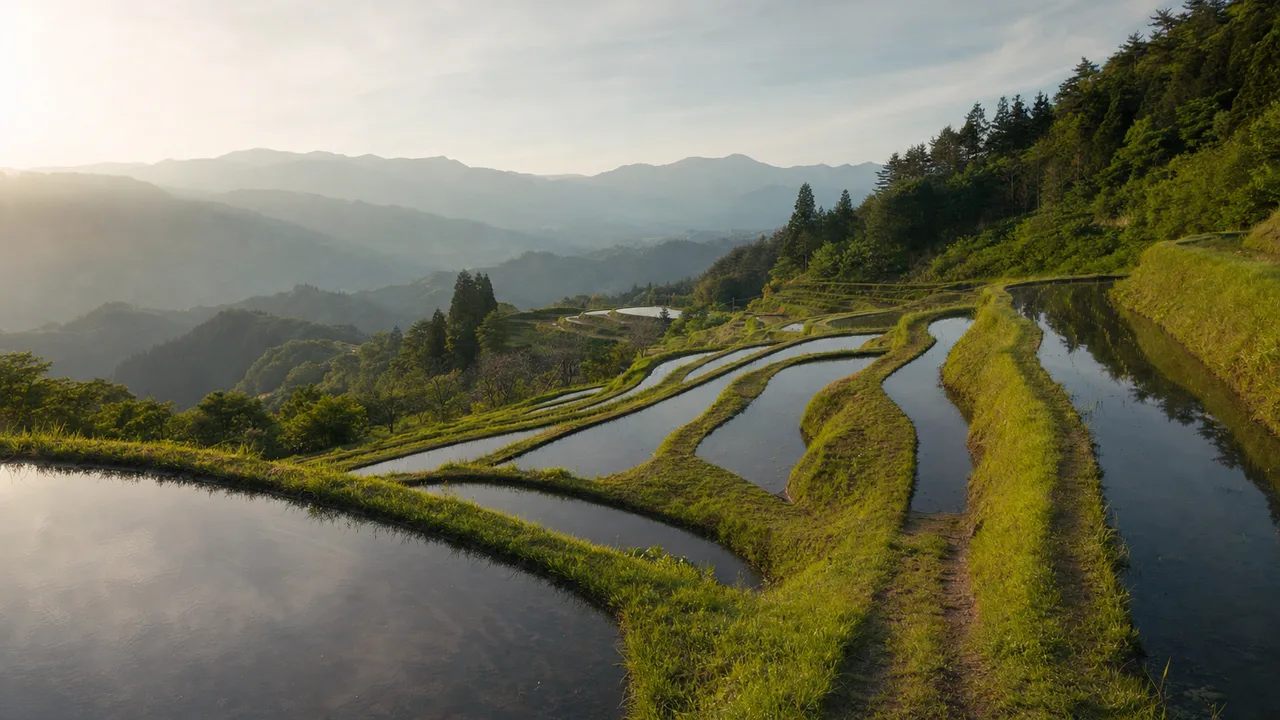 日本の里山に広がる棚田（横長・余白背景）。棚田、里山、水田、農村景観の記事向け素材です。