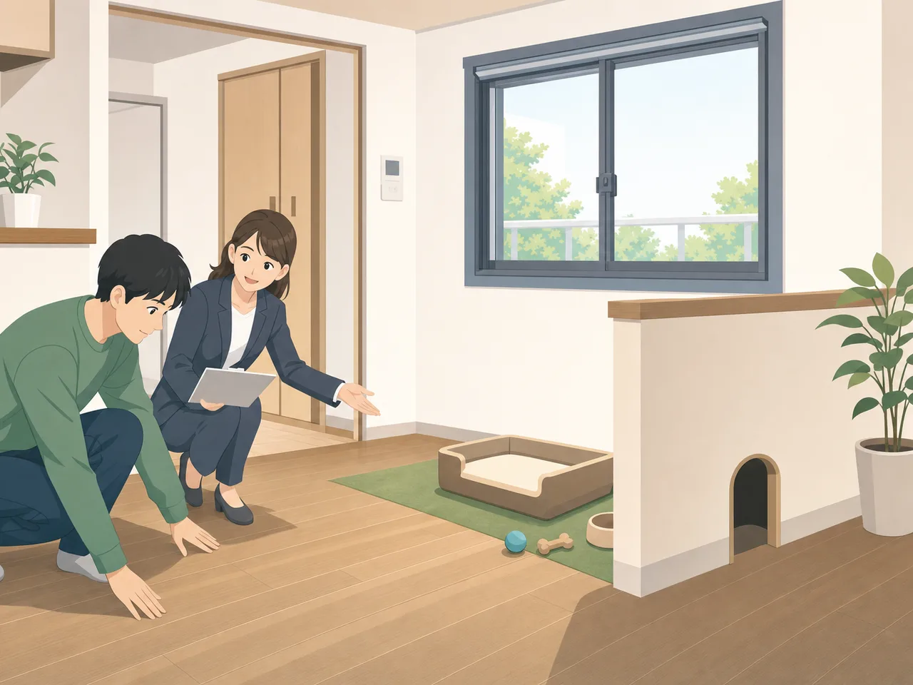 ペット可賃貸を内見する日本人（フラットイラスト）。ペット可賃貸、賃貸内見、ペット住宅、部屋探しの記事や案内に使える商用素材です。
