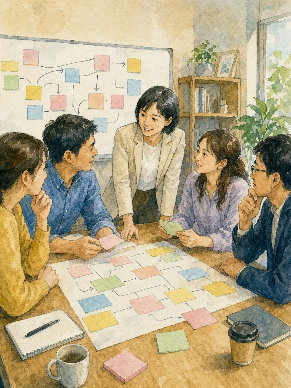 課題整理を支援する日本人コンサルタント（手描き水彩）。コンサルタント、経営相談、業務改善、企業支援の記事向け素材です。