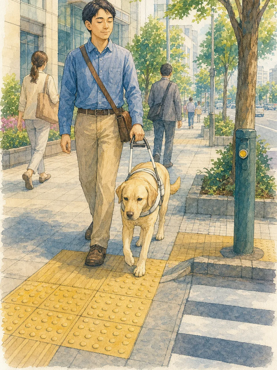 盲導犬と歩く日本人利用者（手描き水彩）。盲導犬、視覚障害、移動支援、共生社会の記事向け素材です。