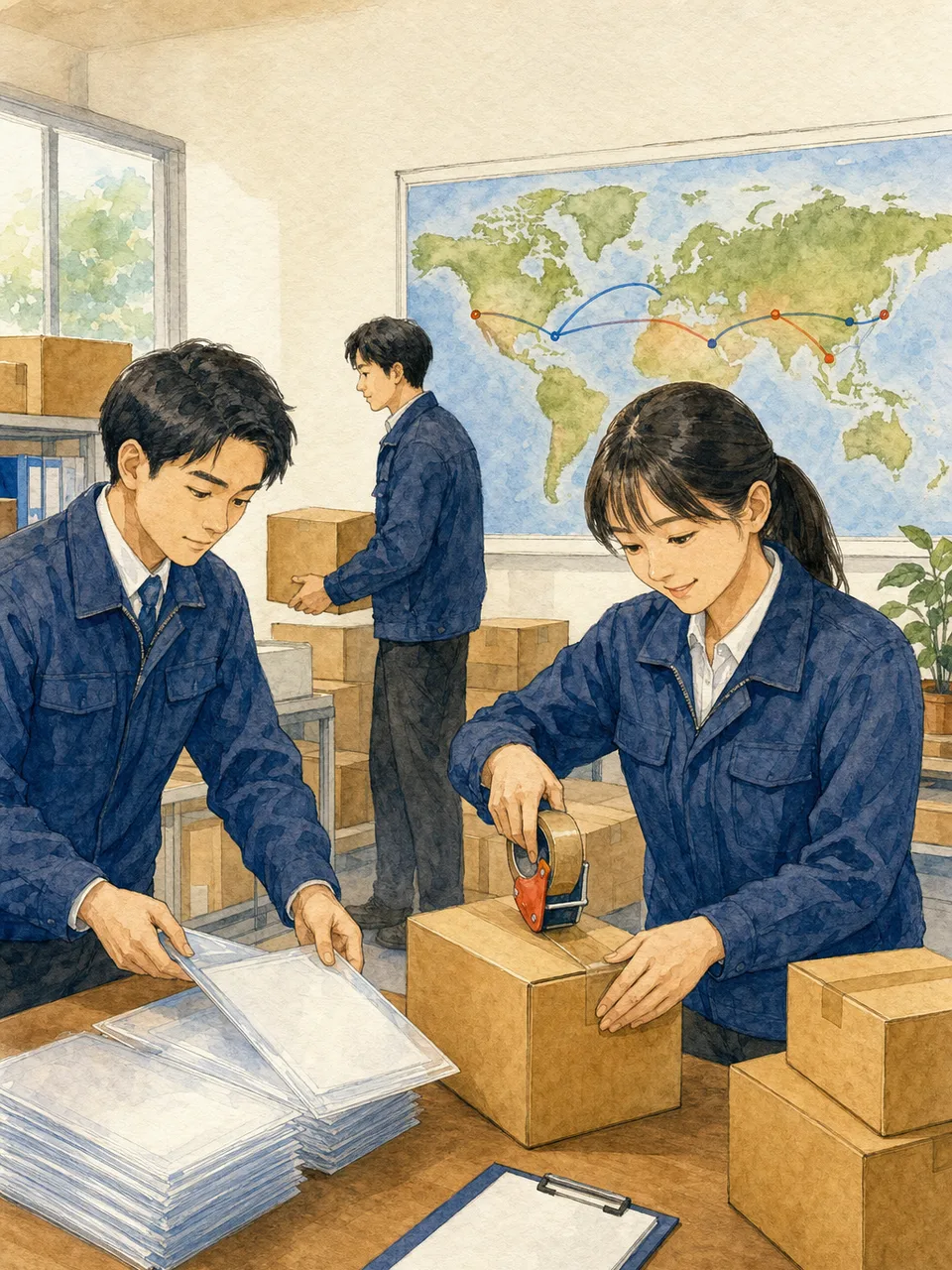 輸出手続きを準備する日本人担当者（手描き水彩）。輸出手続き、貿易実務、国際物流、通関書類の記事や案内に使える商用素材です。