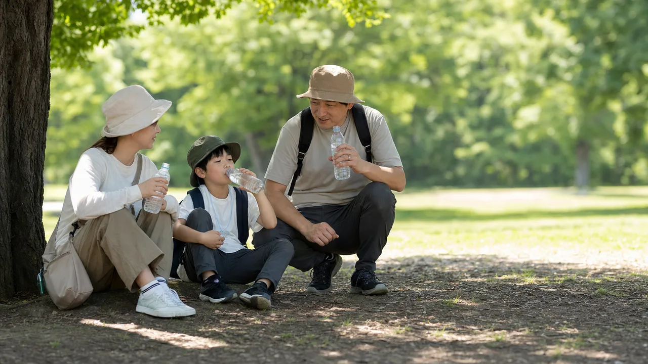 夏に水分補給をする日本人（横長・コピースペース）。夏の水分補給、暑さ対策、休憩、屋外活動の記事向け素材です。
