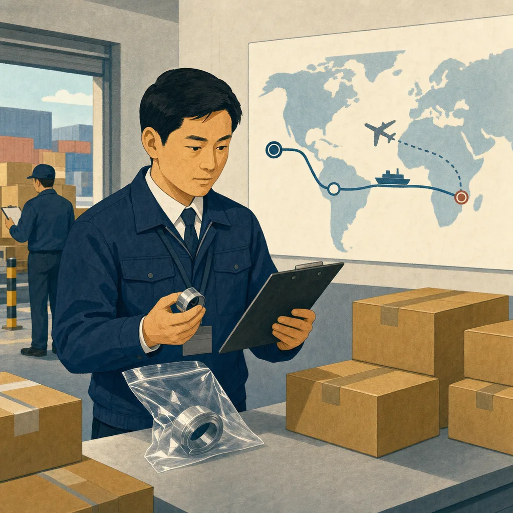 輸入通関を確認する日本人通関士（編集記事向け）。通関士、輸入通関、貿易、税関手続きの記事や案内に使える商用素材です。