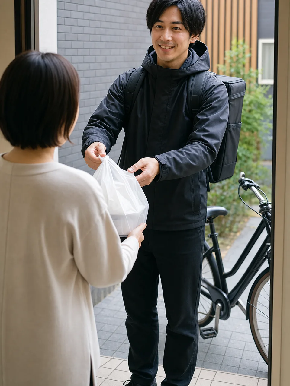 料理を届ける日本人配達員（自然な縦位置写真）。フードデリバリー、配達、宅配、地域サービスの記事向け素材です。