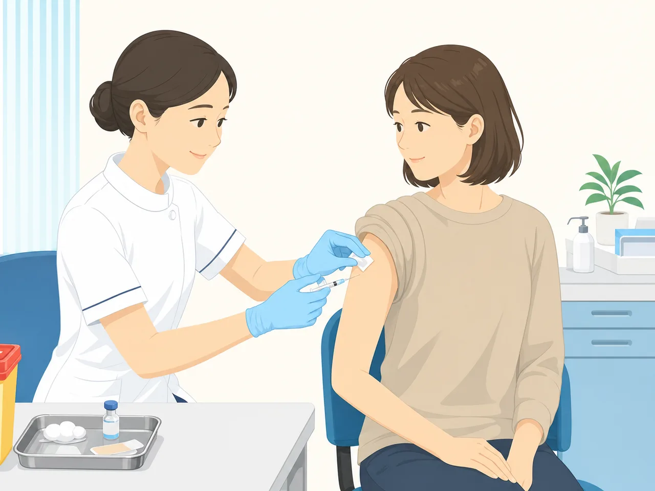 予防接種を受ける日本人成人（フラットイラスト）。予防接種、ワクチン、感染症対策、医療の記事向け素材です。