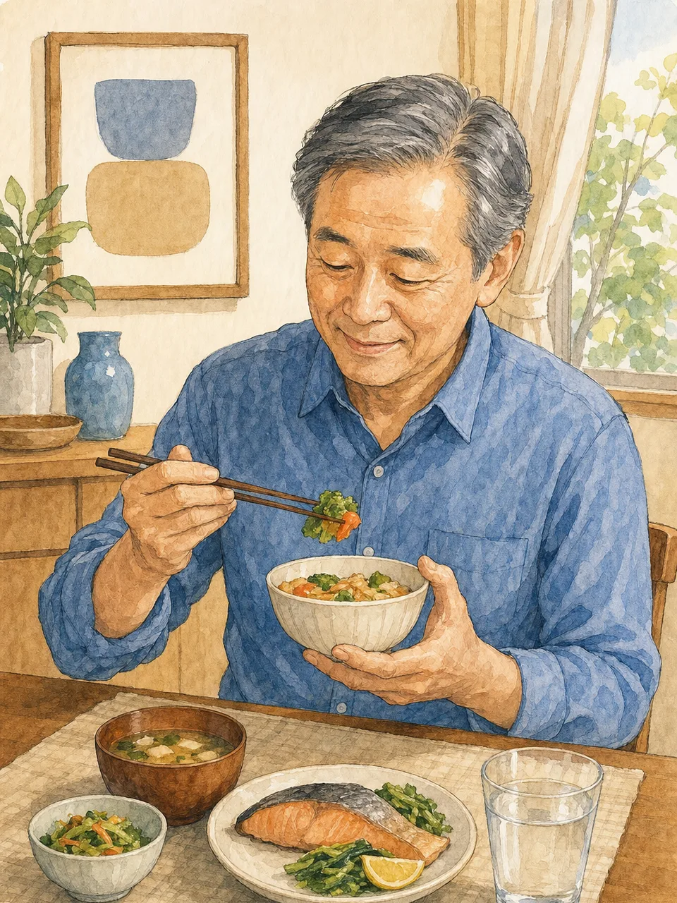 一人暮らしの日本人シニアの食卓（手描き水彩）。シニア一人暮らし、高齢者の食事、自立生活、一人ごはんの記事や案内に使える商用素材です。