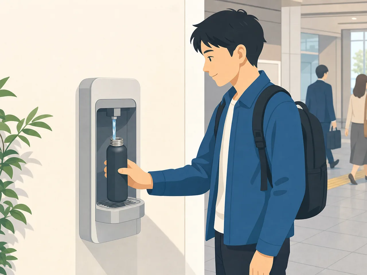 マイボトルを持ち歩く日本人（フラットイラスト）。マイボトル、水分補給、環境配慮、日常の記事向け素材です。