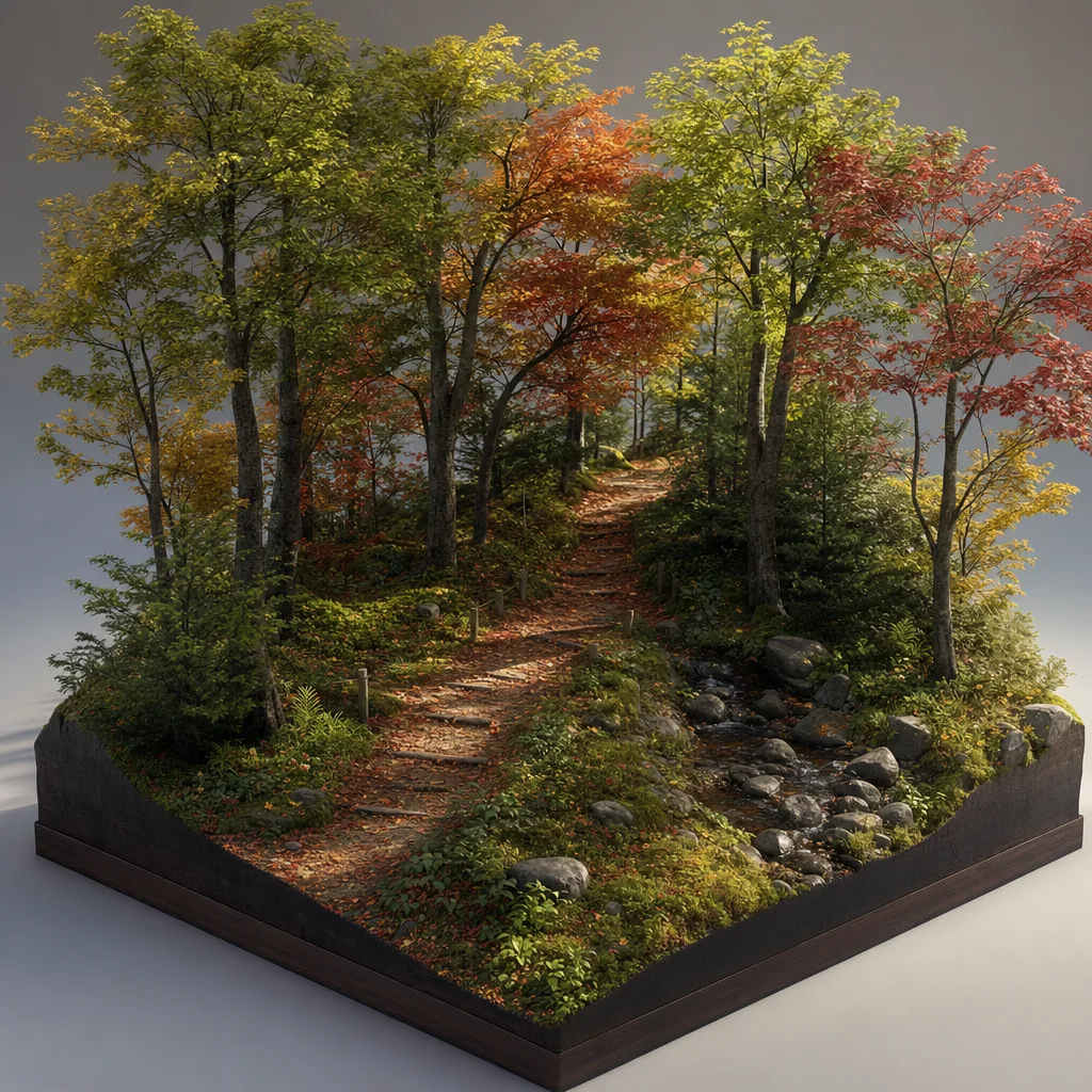 色づく日本の秋の森（立体ディスプレイ）。秋の森、紅葉、森林、季節の自然向け素材です。