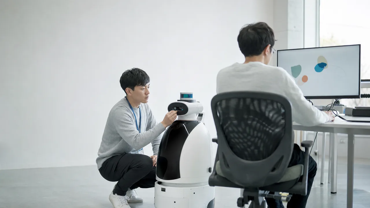 AIロボットを開発する日本人エンジニア（横長・コピースペース）。人工知能、ロボット、研究開発、DXの記事に使える技術素材です。