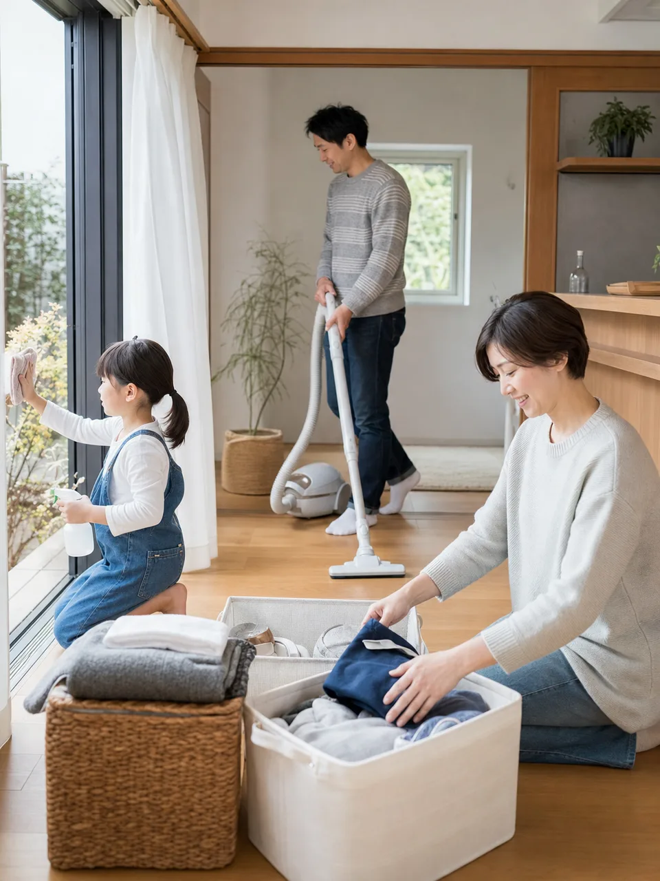 年末の大掃除をする日本人家族（自然な縦位置写真）。大掃除、年末、家事分担、暮らしの記事向け素材です。
