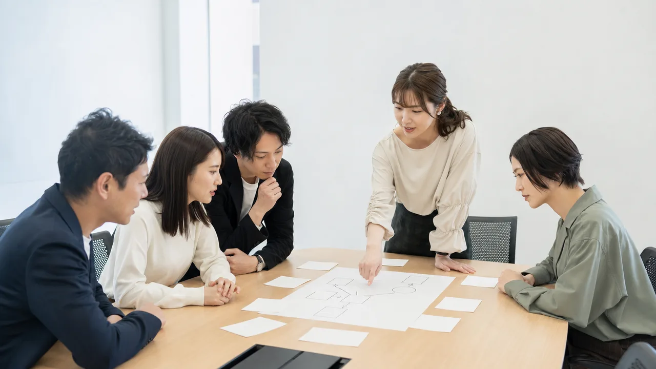 生成AIガバナンスを検討する日本人チーム（横長・コピースペース）。生成AIガバナンス、AI活用、リスク管理、企業向け素材です。