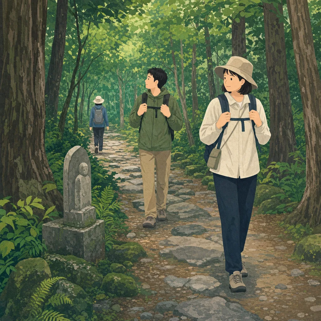 和歌山の古道を歩く旅行者（編集記事向け）。和歌山旅行、熊野古道、古道歩き、関西旅行の記事や案内に使える商用素材です。