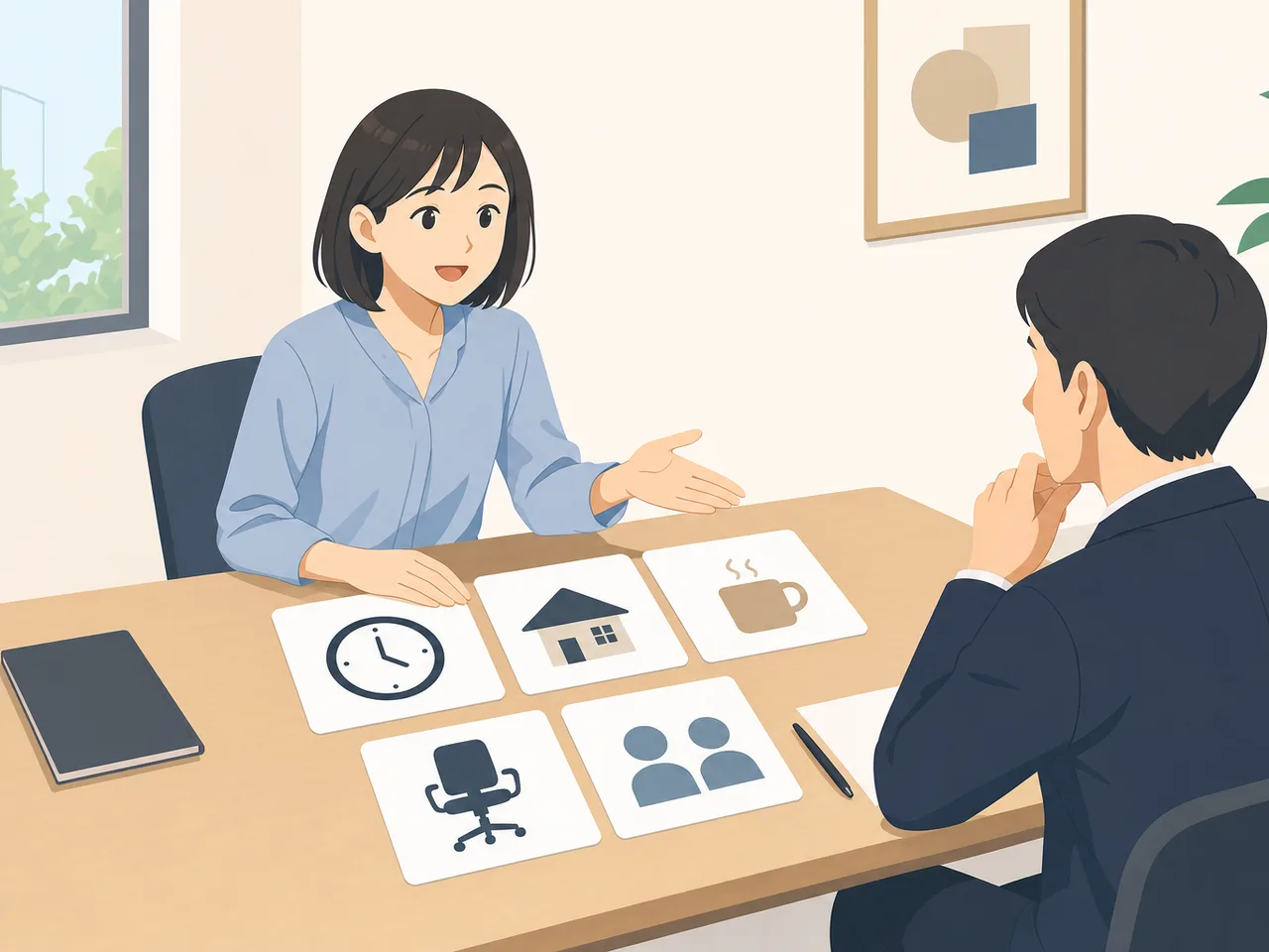 職場の配慮を相談する日本人（フラットイラスト）。見えない障害、合理的配慮、職場相談、障害者雇用の記事や案内に使える商用素材です。