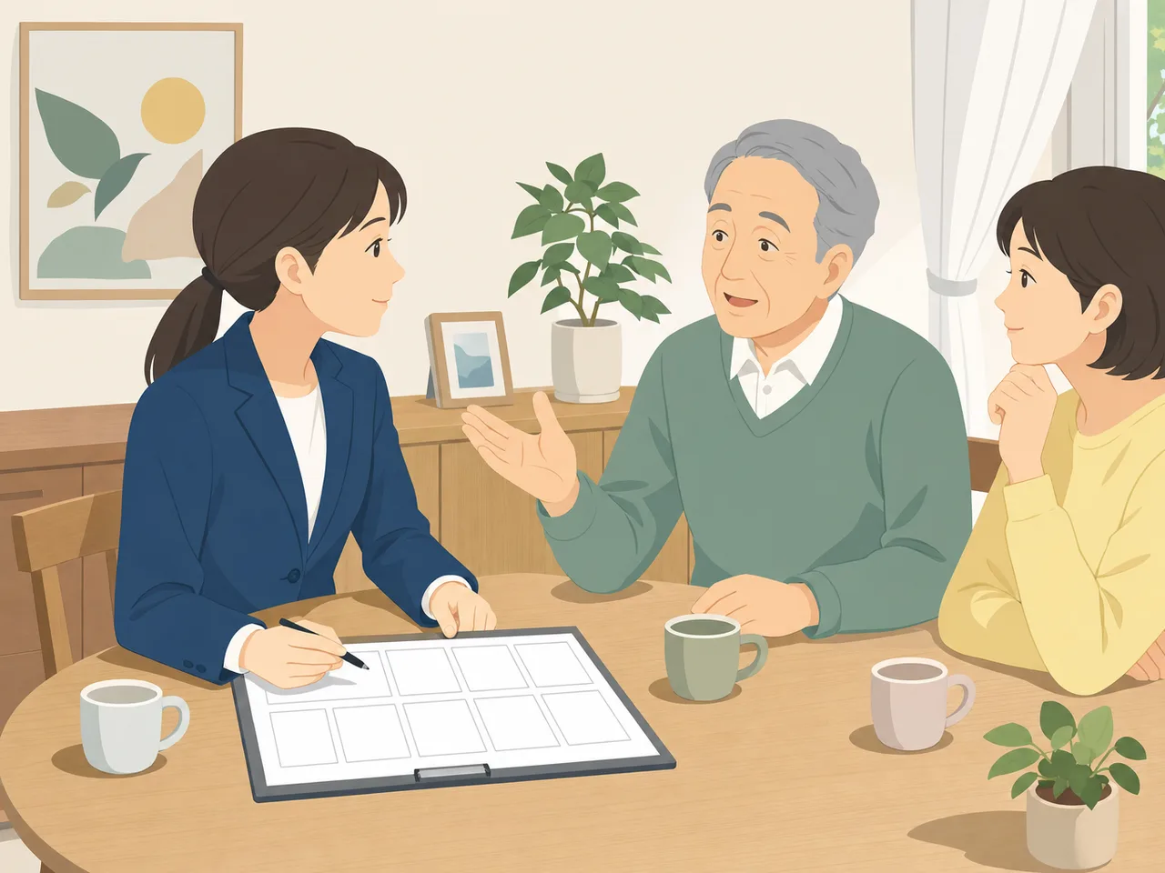 在宅介護を調整する日本人ケアマネジャー（フラットイラスト）。ケアマネジャー、介護相談、在宅介護、家族支援の記事向け素材です。