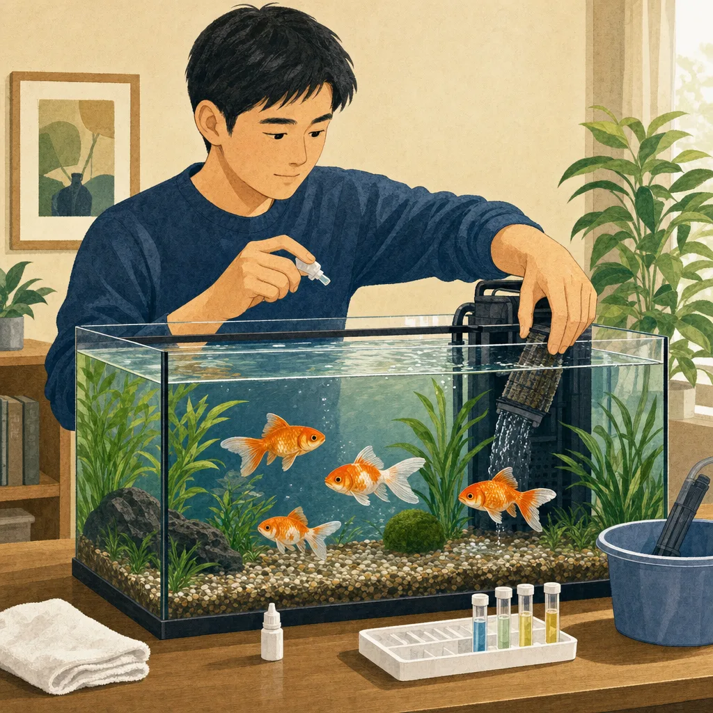 金魚の水槽を手入れする日本人（編集記事向け）。金魚、アクアリウム、水槽管理、ペットの記事向け素材です。