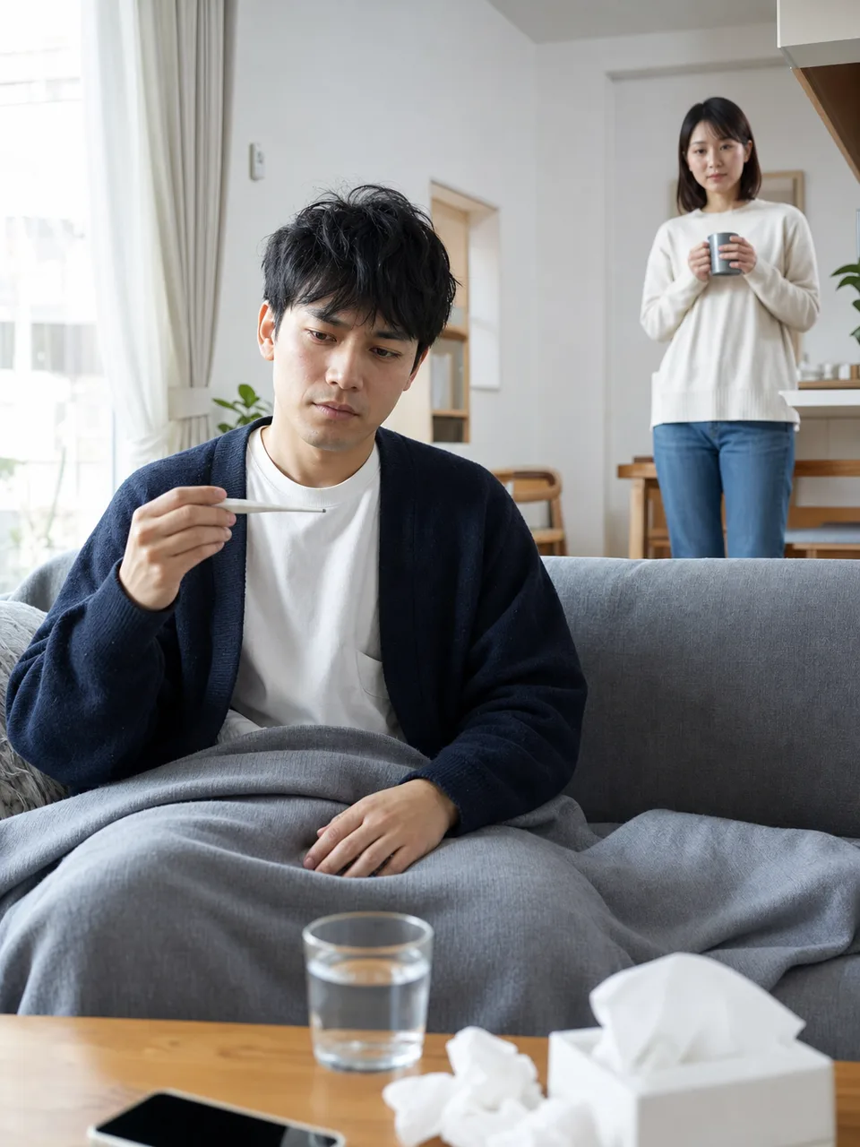 発熱時に自宅で休む日本人（自然な縦位置写真）。発熱、体調不良、自宅療養、セルフケアの記事向け素材です。