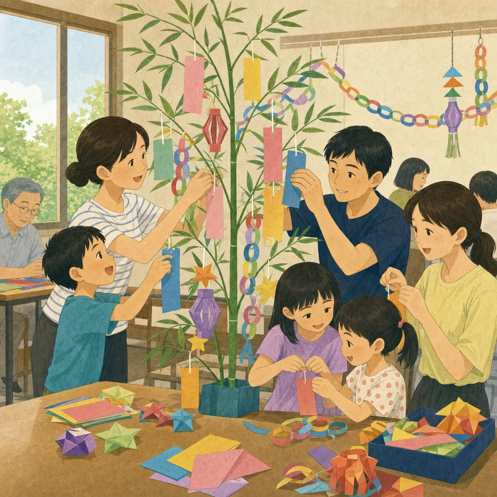 七夕飾りを作る日本の子どもたち（編集記事向け）。七夕、夏の行事、保育、地域イベントに使える季節素材です。