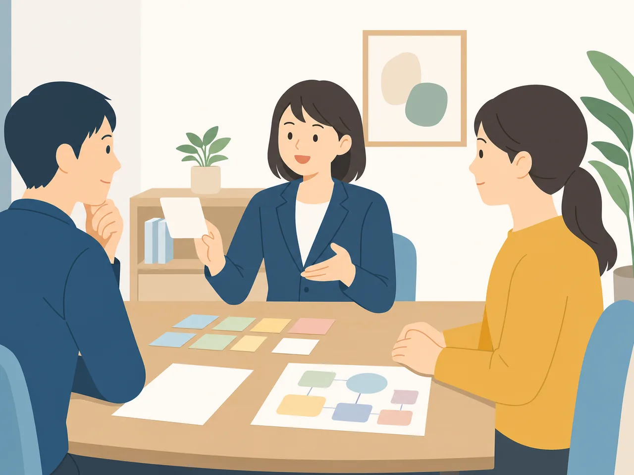社会保険労務士に相談する日本人事業者（フラットイラスト）。社会保険労務士、労務管理、社会保険、事業支援の記事向け素材です。