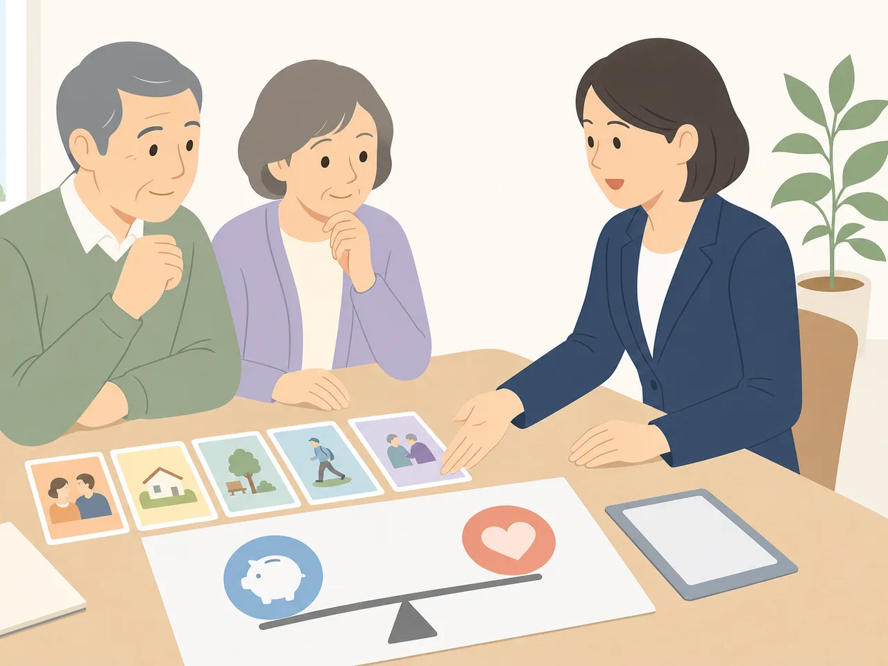 老後資金を計画する日本人夫婦（フラットイラスト）。老後資金、退職後、家計相談、資産計画の記事や案内に使える商用素材です。
