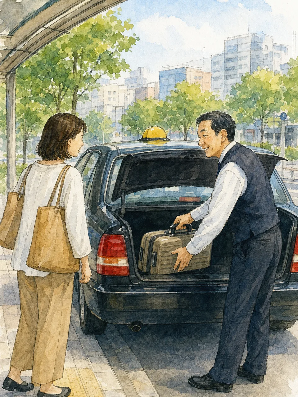 乗客を案内する日本人タクシー運転手（手描き水彩）。タクシー運転手、地域交通、観光、移動支援の記事向け素材です。