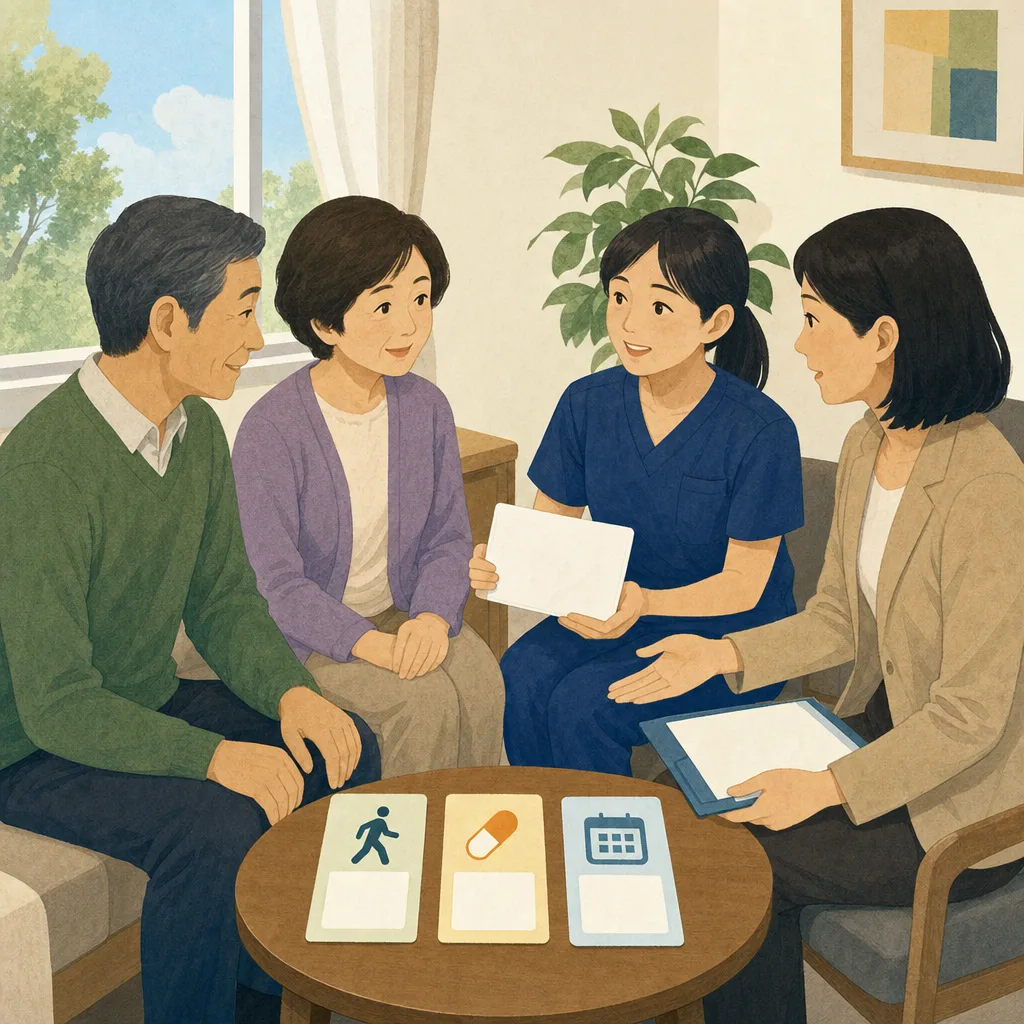 退院後の生活を計画する日本人家族（編集記事向け）。退院支援、退院調整、医療ソーシャルワーカー、家族相談の記事や案内に使える商用素材です。