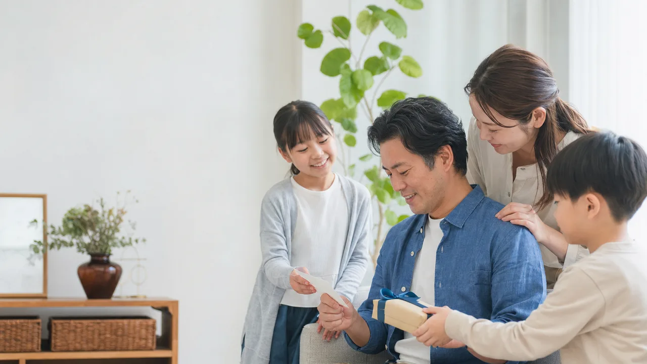 父の日に感謝を伝える日本人家族（横長・コピースペース）。父の日、家族、感謝、初夏の行事の記事向け素材です。