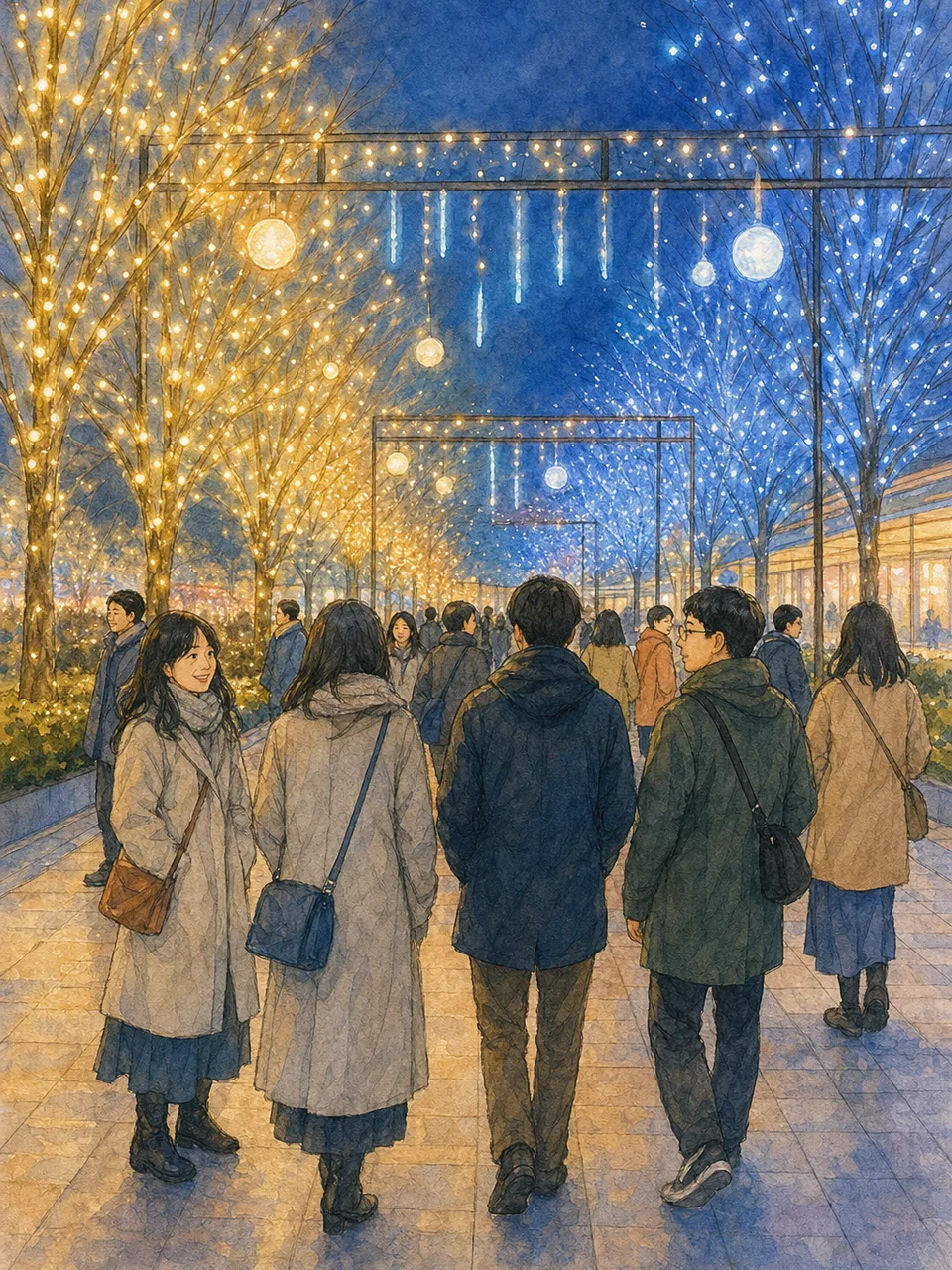 冬のイルミネーションを楽しむ日本人（手描き水彩）。冬のイルミネーション、夜景、冬、外出の記事向け素材です。