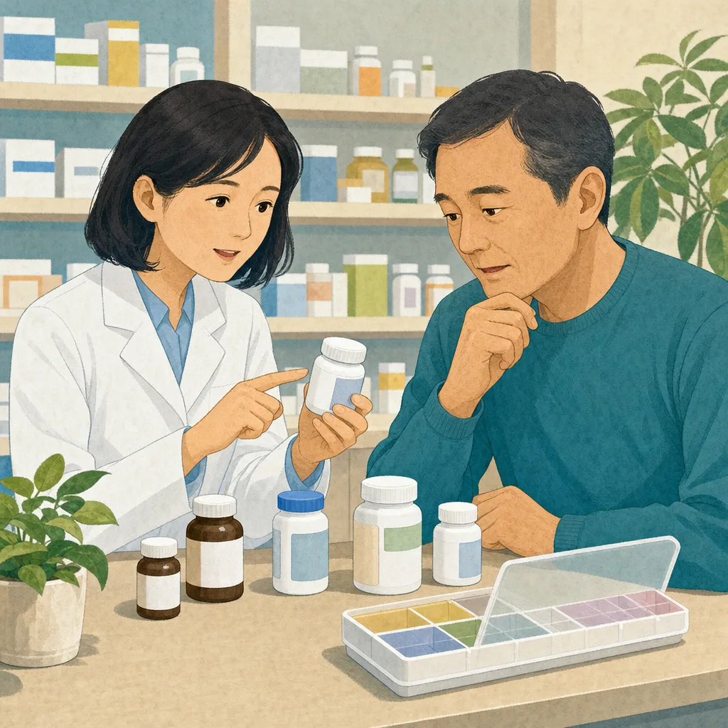 薬の見直しを相談する日本人（編集記事向け）。薬の見直し、服薬相談、薬剤師、ポリファーマシーの記事や案内に使える商用素材です。