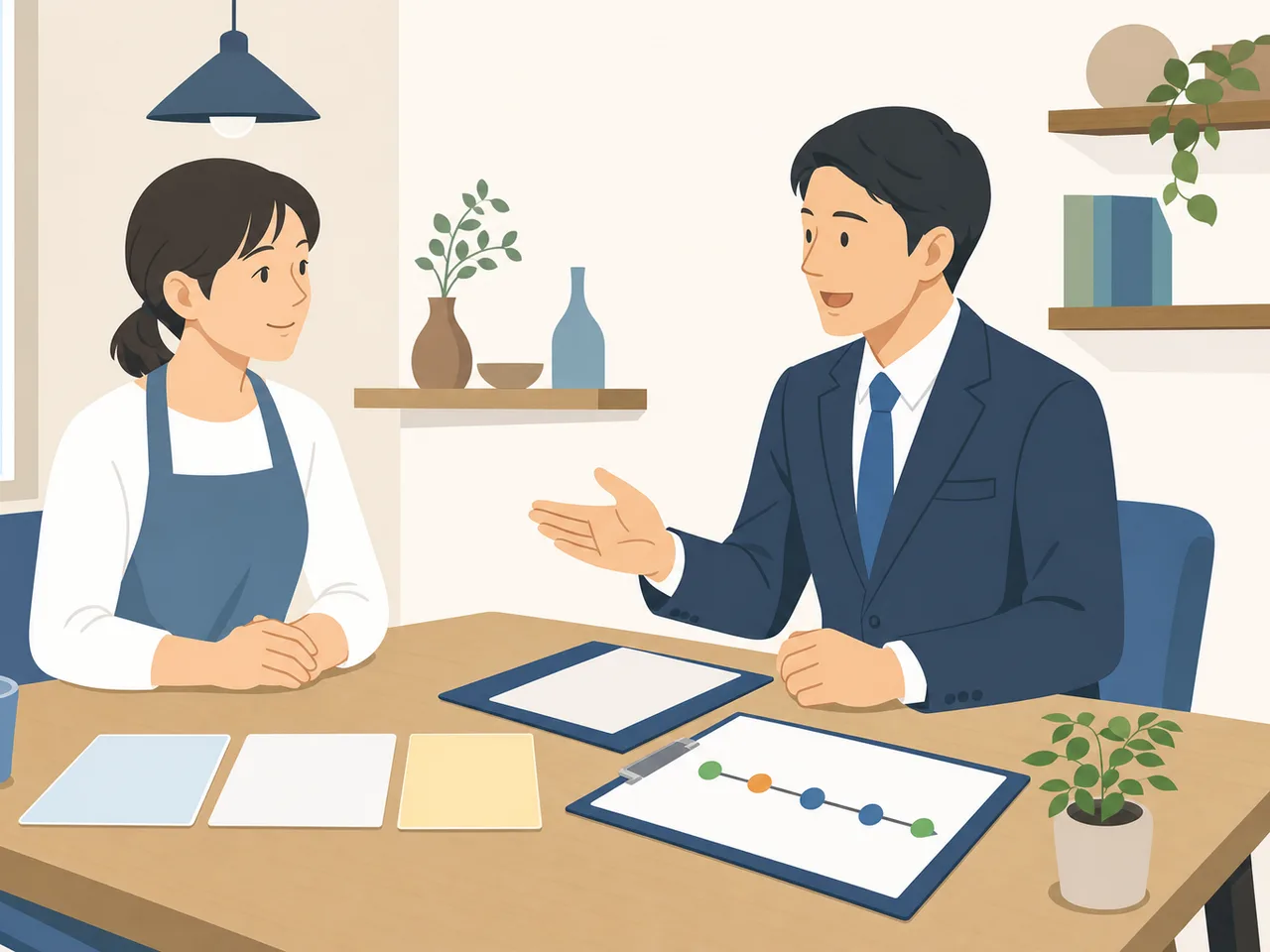 事業融資を相談する日本人経営者（フラットイラスト）。事業融資、中小企業、銀行相談、資金調達の記事や案内に使える商用素材です。