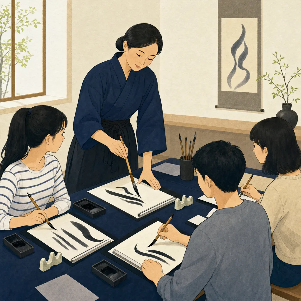 書道教室で筆を学ぶ日本人（編集記事向け）。書道教室、習字、日本文化、習い事の記事向け素材です。