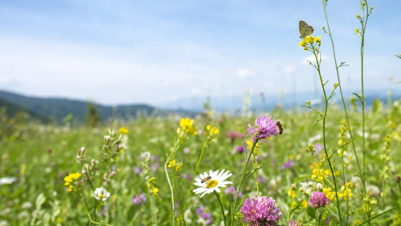 花粉を運ぶ昆虫が訪れる草地（横長・コピースペース）。送粉者、ポリネーター、草花、生物多様性の記事や案内に使える商用素材です。