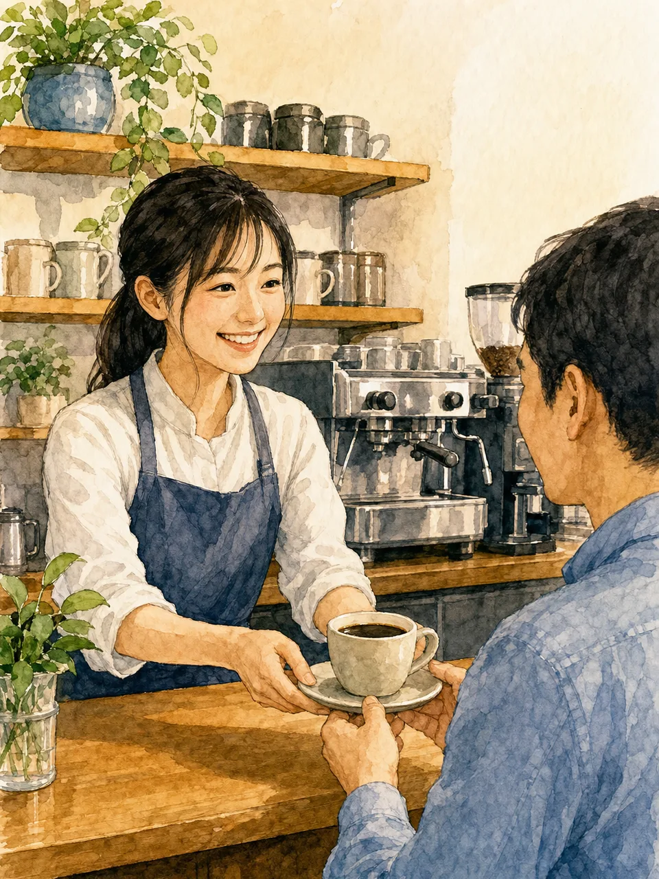 コーヒーを提供する日本人バリスタ（手描き水彩）。バリスタ、カフェ、コーヒー、接客の記事向け素材です。