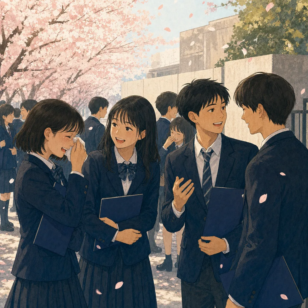 卒業式を終えた日本人学生（編集記事向け）。卒業、進路、学校、採用広報に使える、式後の学生たちの自然な素材です。